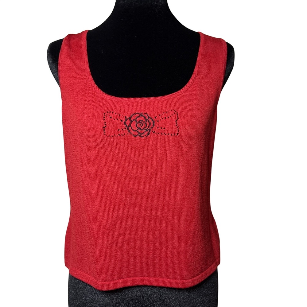 St. John Sport‎ Red Knit Tank Small Rose bow Detail Early 2000s Y2K Wool Blend